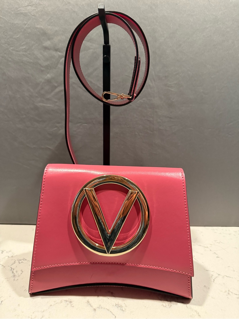 Mario Valentino Hot Pink Crossbody Bag with Gold Emblem